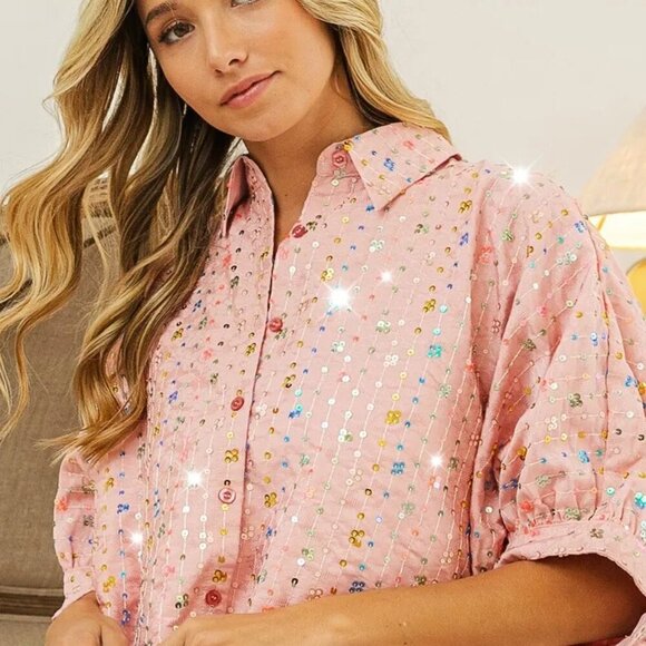 BiBi Sequin Striped Short Dolman Sleeve Blouse - Picture 8 of 14